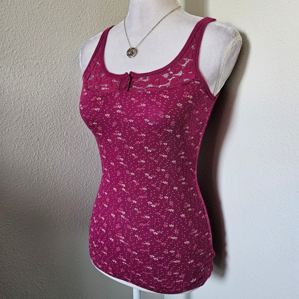 Aeropostale Floral Ribbed Tank Top Lace Trim Henley Berry Pink Y2k